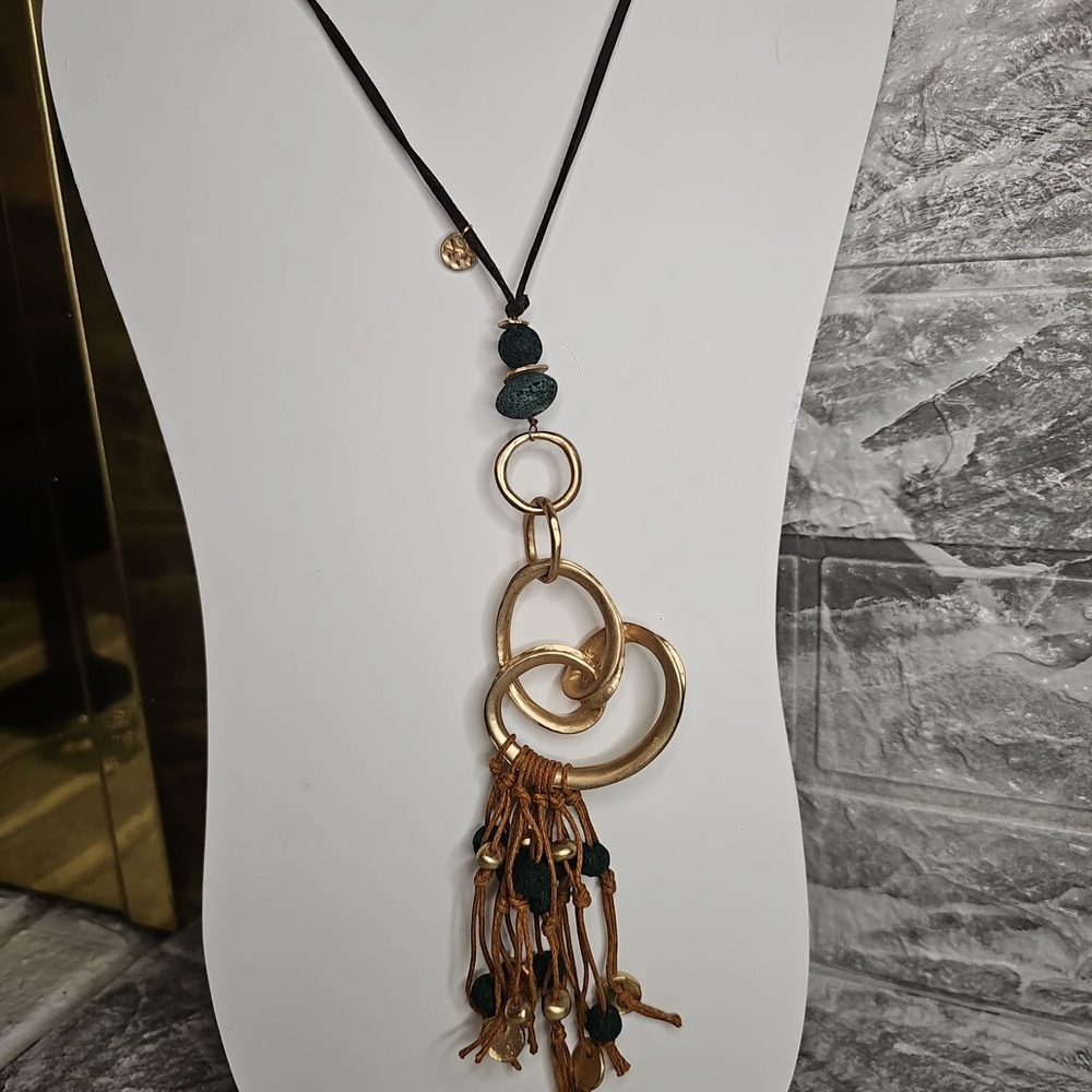 SNT Elegant Gold, Deep Green,and Brown Pendant Necklace 24 Inches